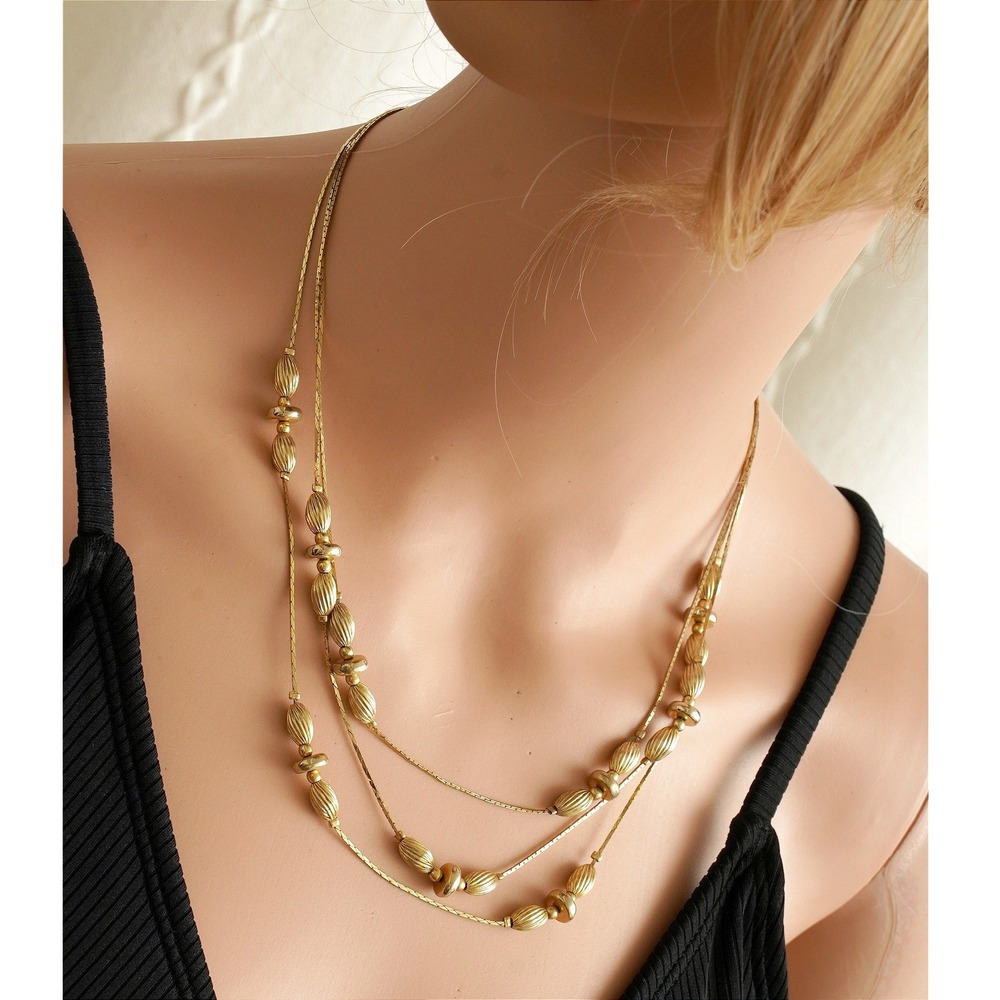 Vintage Gold Tone Triple Strand Necklace‎ Textured Melon Beads